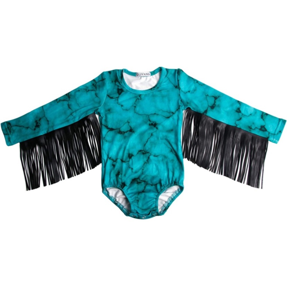 Turquoise & black with fringe long sleeve bodysuit